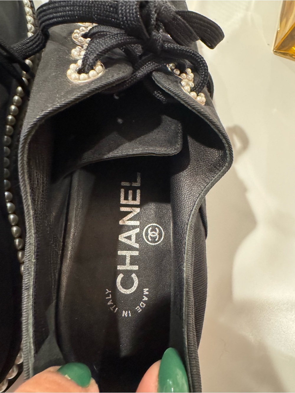 CHANEL Black Lace-Up Pearl-Trim Canvas Boots - Picture 4 of 6